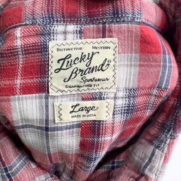 Lucky Brand Mens Snap Up Red Plaid Cotton Western Shirt L Large - Picture 7 of 7